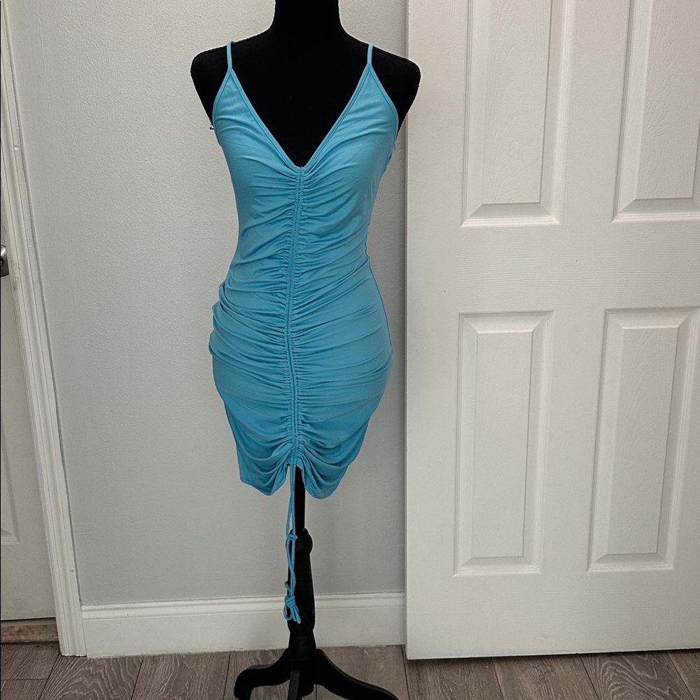 Fashion Nova Ruched Blue Spaghetti Strap Mini Dress